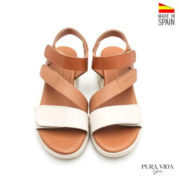 sandalias mujer cuña velcro piel beige cuero vista frontal