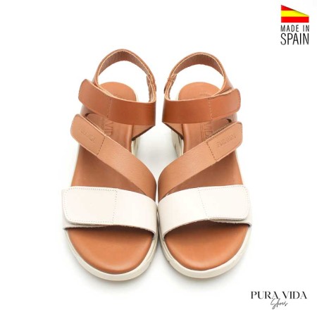 sandalias mujer cuña velcro piel beige cuero vista frontal