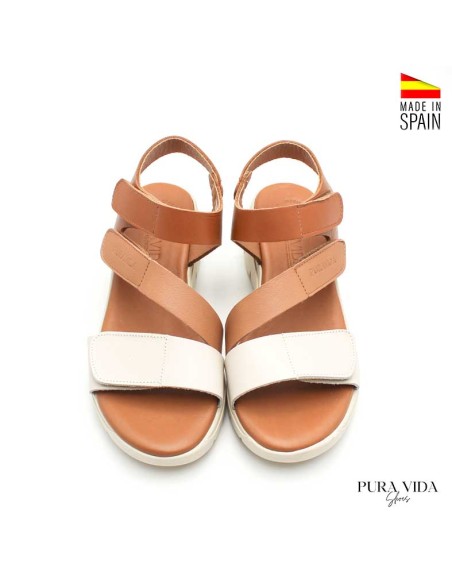 sandalias mujer cuña velcro piel beige cuero vista frontal