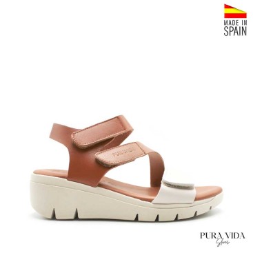 sandalias cuña mujer piel beige cuero velcro lateral