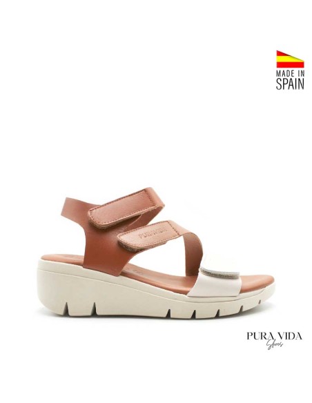 sandalias cuña mujer piel beige cuero velcro lateral