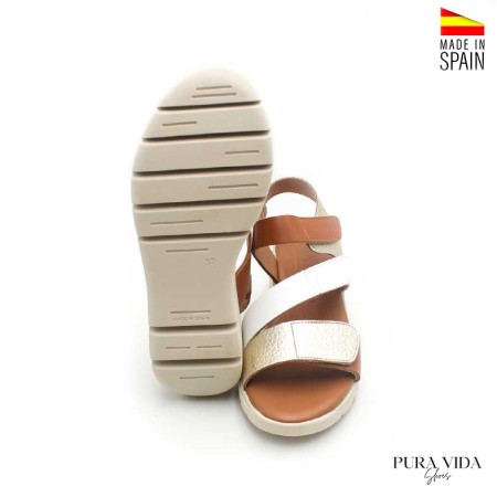 sandalias mujer velcro piel blanco dorado vista frontal