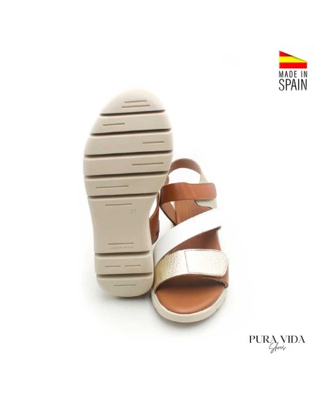 sandalias mujer velcro piel blanco dorado vista frontal
