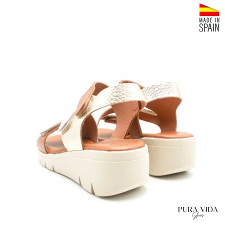 sandalias mujer cuña piel blanco dorado cuero trasera