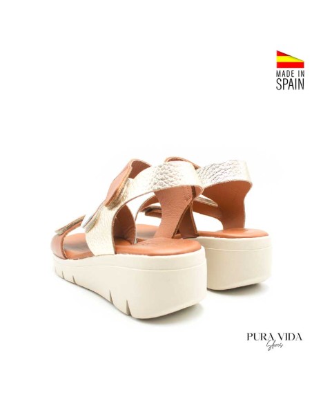 sandalias mujer cuña piel blanco dorado cuero trasera