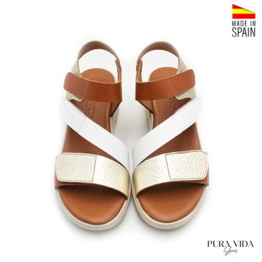 sandalias mujer plataforma piel blanco dorado velcro superior