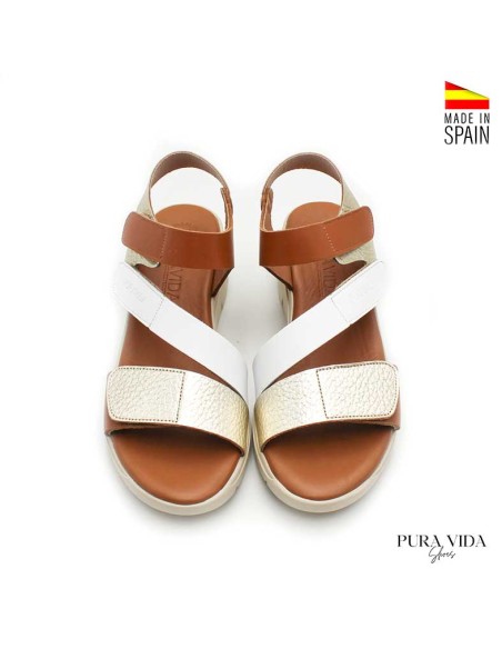 sandalias mujer plataforma piel blanco dorado velcro superior