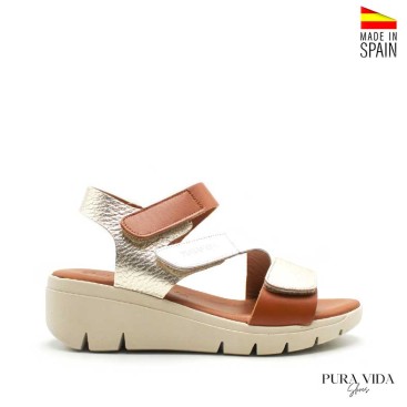 sandalias cuña mujer piel blanco dorado cuero lateral