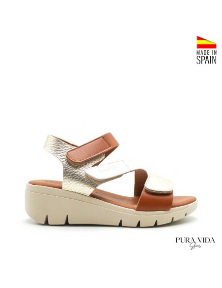 sandalias cuña mujer piel blanco dorado cuero lateral