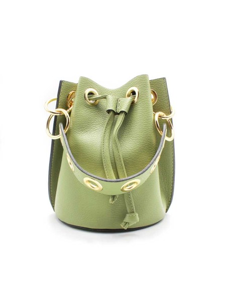 bolso piel verde mujer tipo saco cierre cordon
