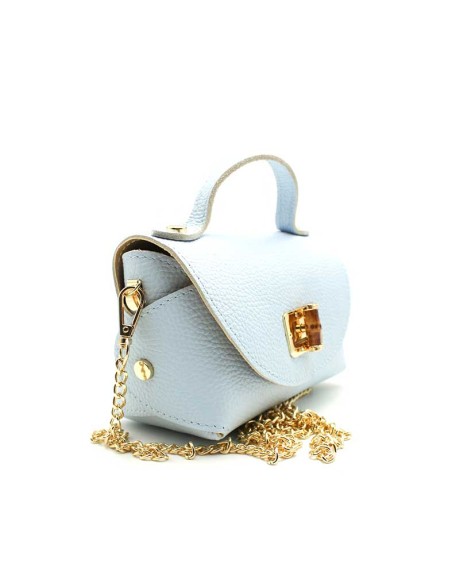 bolso de fiesta azul celeste piel con cierre bambu detalle dorado