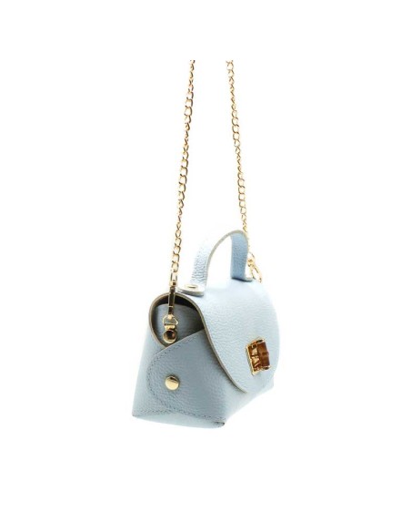 bolso mini azul celeste mujer piel con cadena dorada vista lateral