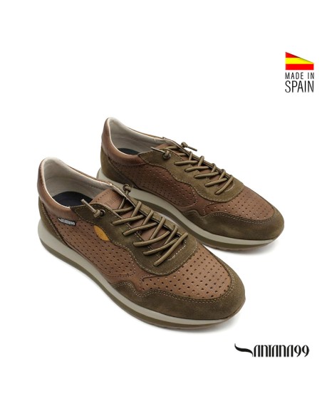 Zapatillas hombre piel verde camel con diseño calado