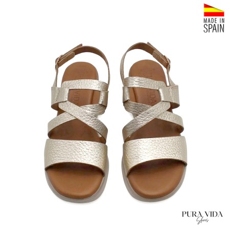 Sandalia mujer dorada piel plantilla confort vista frontal