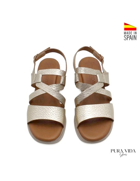 Sandalia mujer dorada piel plantilla confort vista frontal