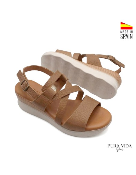 Sandalias mujer cuña media taupe suela ligera vista frontal