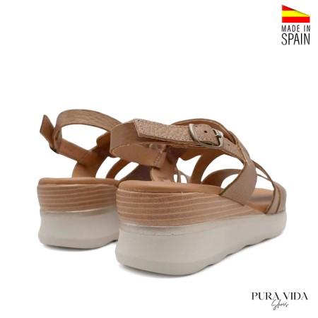 Sandalias mujer taupe cuña media con hebilla trasera