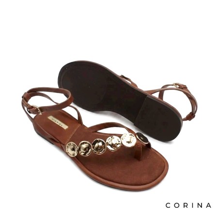 Sandalias planas mujer camel con monedas doradas vista suela