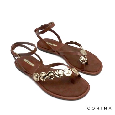 Sandalias griegas monedas camel mujer Corina vista lateral