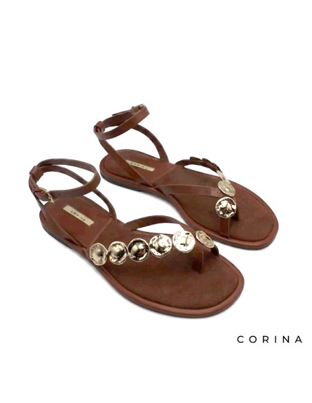 Sandalias griegas monedas camel mujer Corina vista lateral