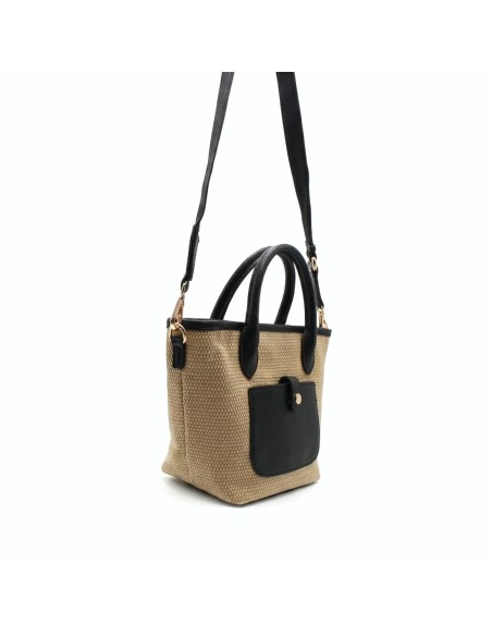 detalle símil piel negra bolso capazo pequeño rafia mujer