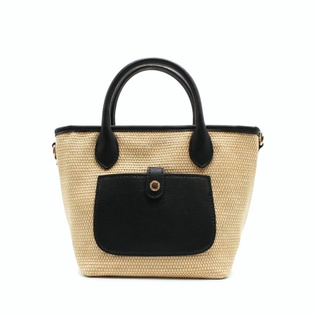 bolso capazo pequeño rafia mujer natural con detalles negro
