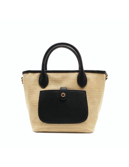 bolso capazo pequeño rafia mujer natural con detalles negro