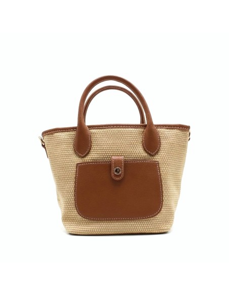 bolso capazo mujer beige con bolsillo frontal detalle camel