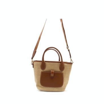 bolso capazo rafia beige con detalles camel asa larga mujer