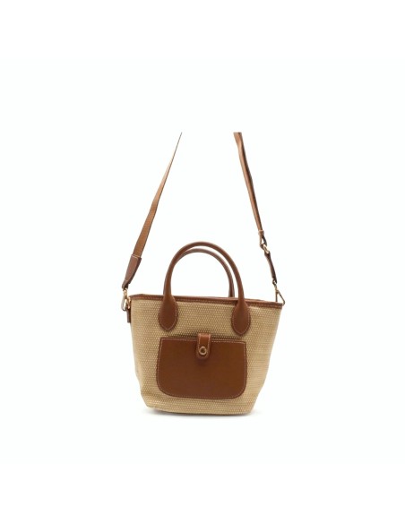 bolso capazo rafia beige con detalles camel asa larga mujer