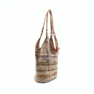 bolso hobo bandolera beige multicolor con asa larga y colgante detalle lateral