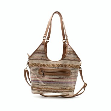 bolso de hombro tipo hobo tejido beige con bolsillo exterior y cremallera trasera