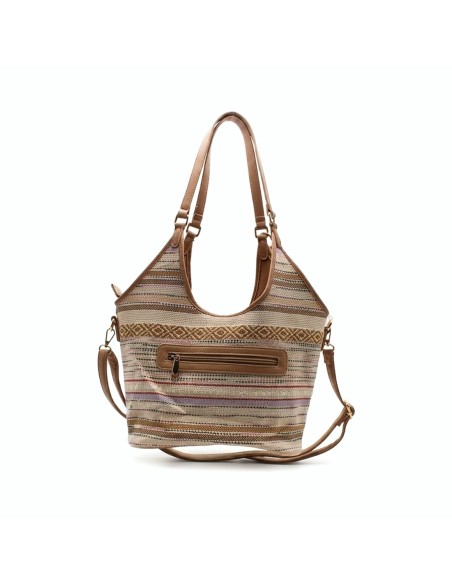 bolso de hombro tipo hobo tejido beige con bolsillo exterior y cremallera trasera