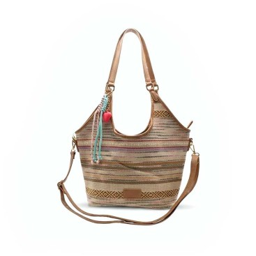bolso hobo bandolera mujer beige multicolor tejido con detalles camel frontal