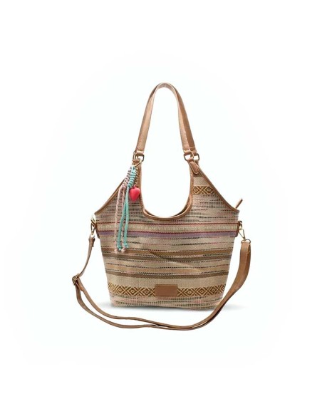 bolso hobo bandolera mujer beige multicolor tejido con detalles camel frontal