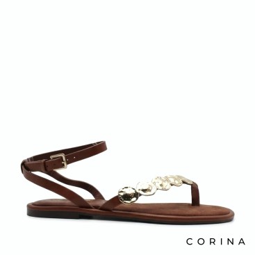 sandalia plana griega camel con monedas doradas de Corina