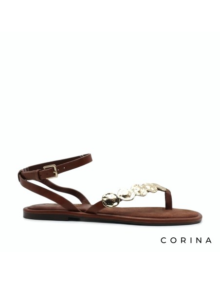 sandalia plana griega camel con monedas doradas de Corina