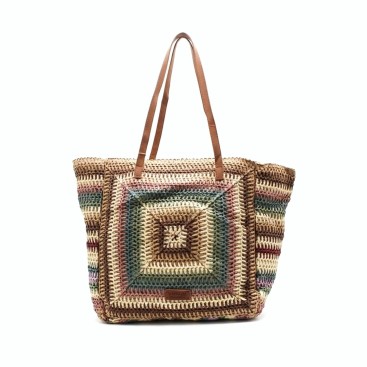 bolso shopper rafia mujer multicolor beige asas camel frontal