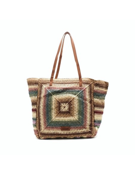 bolso shopper rafia mujer multicolor beige asas camel frontal