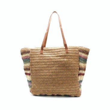 bolso rafia mujer grande multicolor asas camel vista trasera