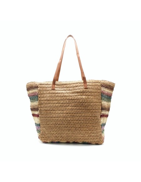 bolso rafia mujer grande multicolor asas camel vista trasera