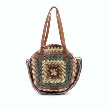 bolso redondo rafia mujer multicolor asas camel frontal