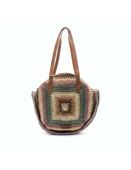 bolso redondo rafia mujer multicolor asas camel frontal