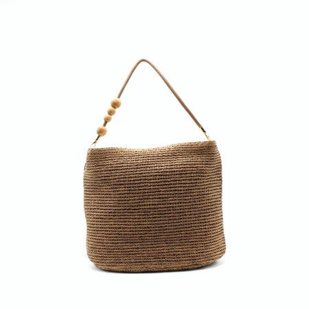 bolso rafia camel mujer con bandolera detalle