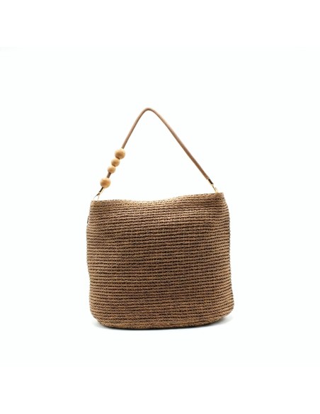 bolso rafia camel mujer con bandolera detalle