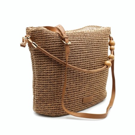 bolso rafia camel interior cremallera detalle