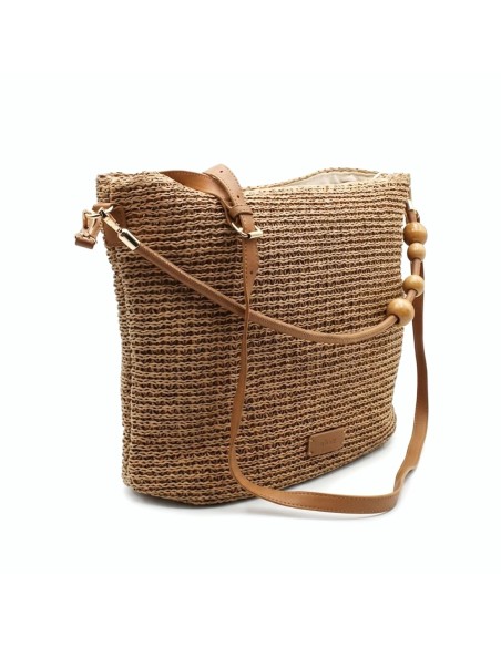 bolso rafia camel interior cremallera detalle