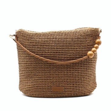 bolso hobo rafia camel mujer asa cuentas madera frontal