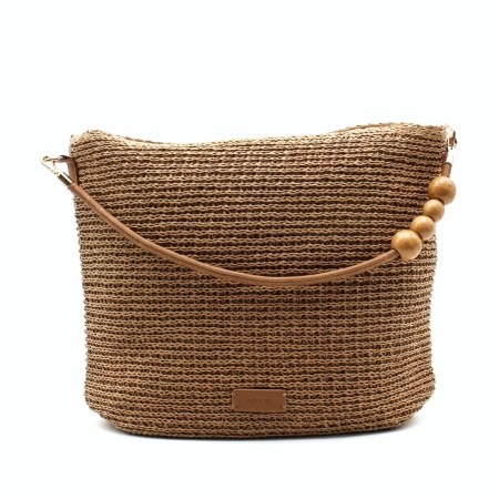 bolso hobo rafia camel mujer asa cuentas madera frontal
