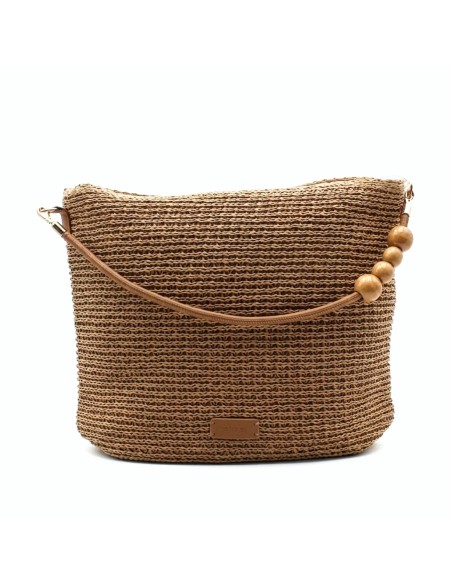 bolso hobo rafia camel mujer asa cuentas madera frontal
